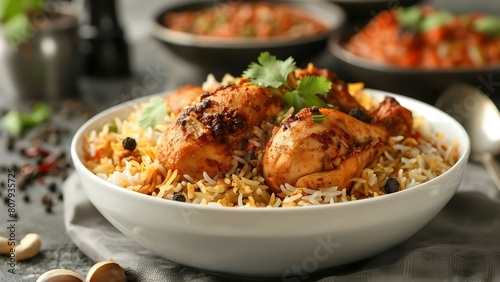 Traditional spicy chicken biryani in a white bowl perfect for iftar. Concept Food Photography, Iftar Favorites, Spicy Delights, Traditional Dishes, White Bowl Styling