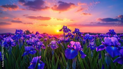 The sublime beauty of a sunset over a field of iris flowers  their vibrant hues of purple  blue  and yellow creating a mesmerizing spectacle.