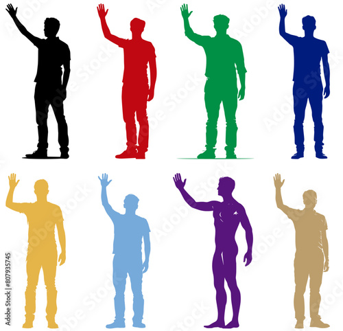 Set of vector silhouettes of people waving