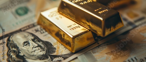 Gold bars over banknotes background