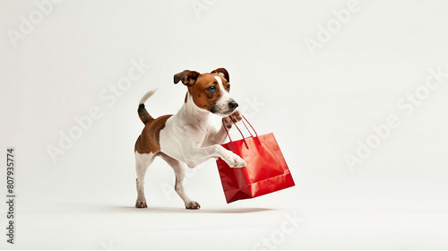 Portrait of cute dog with shopping bag isolated on white background © Aul Zitzke
