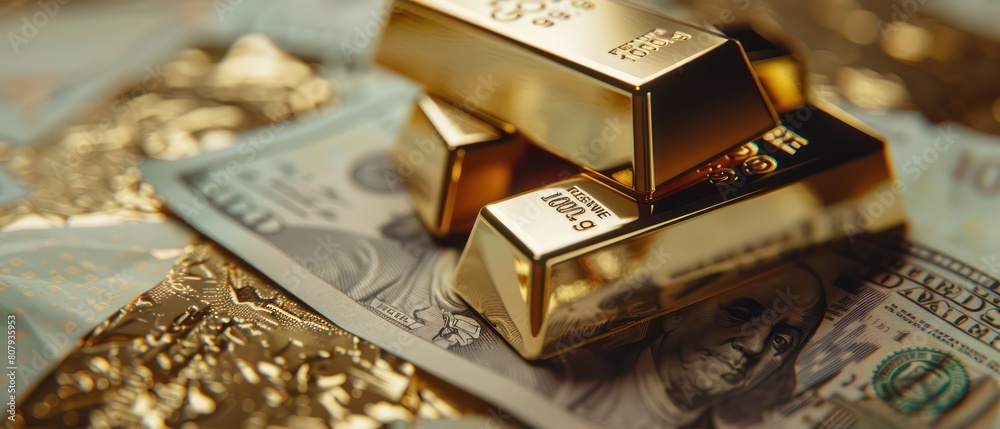 Gold bars over banknotes background Gold bars over banknotes background
