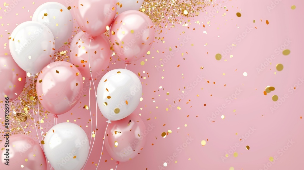 3d pink and white balloons with golden confetti on a pastel background, as a birthday party 3d pink and white balloons with golden confetti on a pastel background, as a birthday party