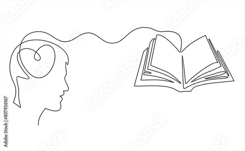 Human head profile and open book, education subject, writing and storytelling concept.One continuous drawn