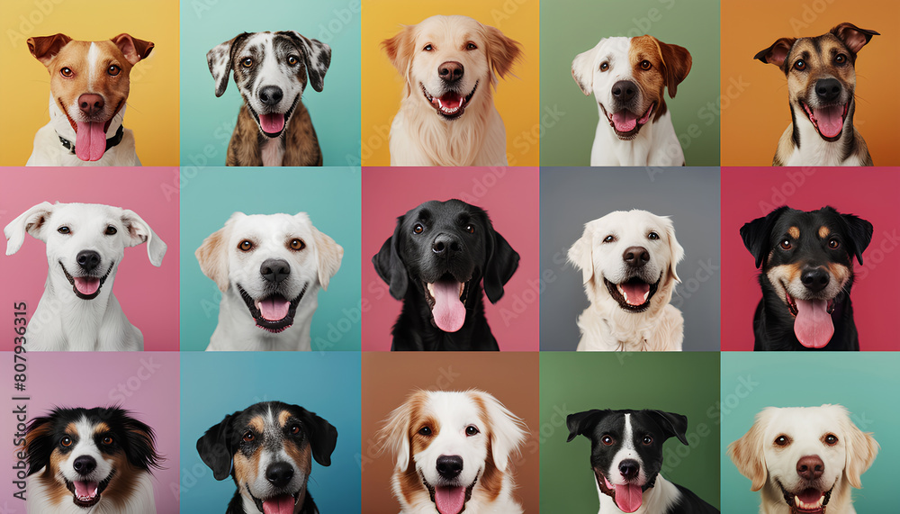 Collage with different dogs on color background Collage with different dogs on color background