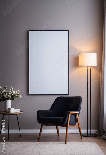 Empty blank wall frame, simple and modern cozy chair home interior background