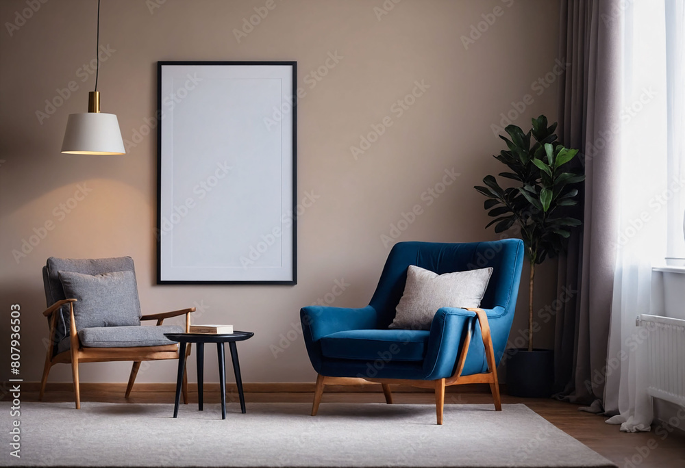 Empty blank wall frame, simple and modern cozy chair home interior background Empty blank wall frame, simple and modern cozy chair home interior background
