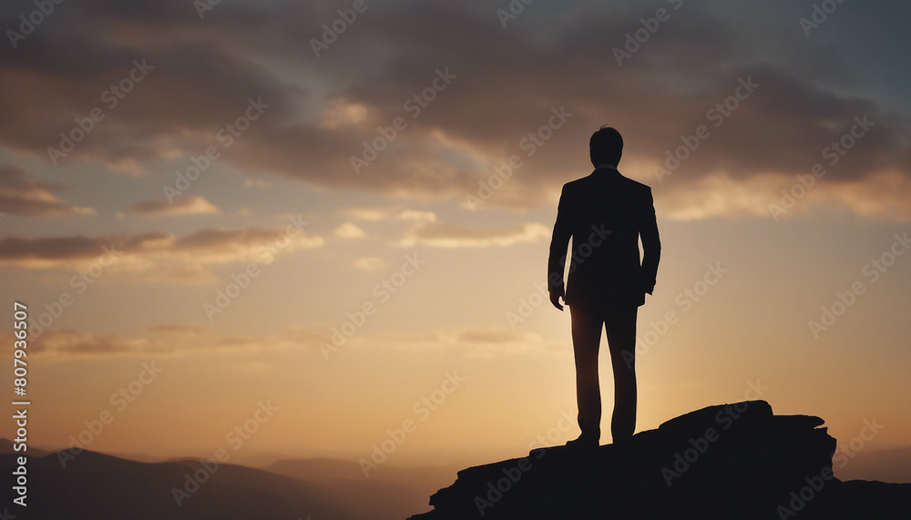 silhouette of a businessman in a suit standing on a high mountain peak 
