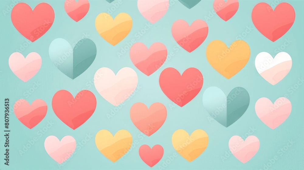 A blue background with many hearts of different colors
