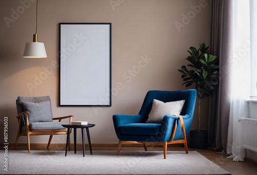 Empty blank wall frame, simple and modern cozy chair home interior background