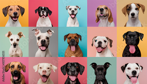 Collage with different dogs on color background