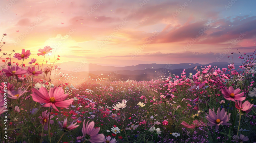 The tranquil beauty of a sunset over a field of cosmos flowers, their delicate petals tinged with shades of pink, purple, and white.