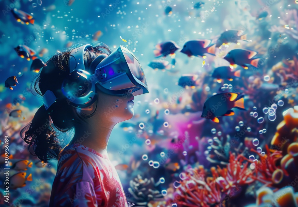 A young girl wearing VR glasses and headphones is exploring an underwater world filled with colorful fish, coral reefs, and sea creatures A young girl wearing VR glasses and headphones is exploring an underwater world filled with colorful fish, coral reefs, and sea creatures