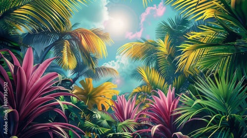 Tropical fantastic vegetation, plain colors, multicolor. Generative AI. © visoot
