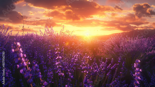 The tranquil beauty of a sunset over a field of lavender  the air filled with the sweet scent of blooming flowers as the day comes to a close.