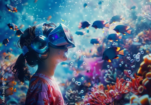  A young girl wearing VR glasses and headphones is exploring an underwater world filled with colorful fish, coral reefs, and sea creatures