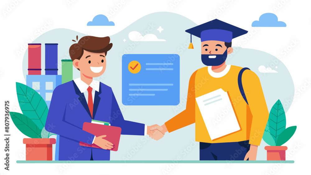With the students signature on the final documents the loan officer congratulated him on taking this step towards investing in his education and. Vector illustration With the students signature on the final documents the loan officer congratulated him on taking this step towards investing in his education and. Vector illustration