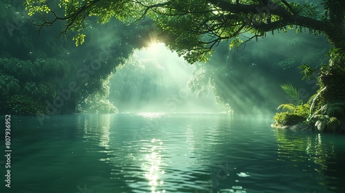 A tranquil river winding its way through a verdant forest  with sunlight dappling the water s surface through the canopy above 8k wallpaper