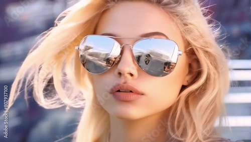 Close-up of a blonde girl wearing mirrored sunglasses reflecting nature, front view, hyper-realistic 3D animation. photo