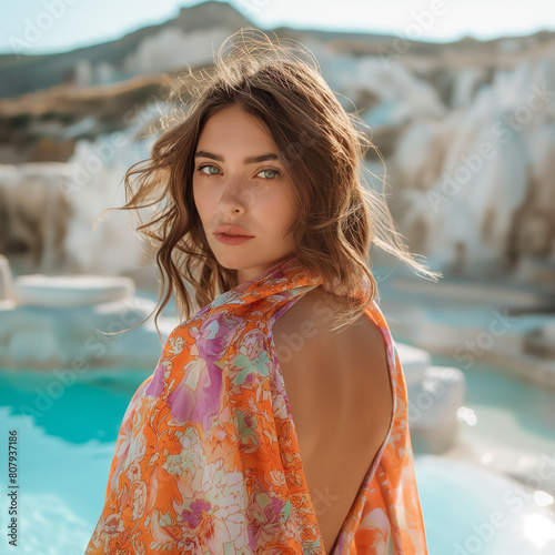 A beautiful fashion model wearing a neon pink and orange printed silk scarf, posing in a white marble pool with crystal clear blue water. Fashion summer concept.