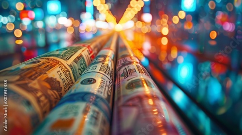 Close-up of international banknotes rolling on a conveyor belt, representing global finance and economy, with a blurred background and colorful bokeh lights. photo