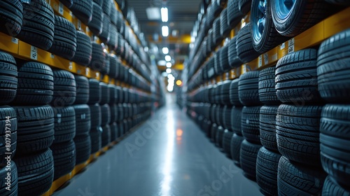 Rows of new tires stored on racks in a warehouse. photo