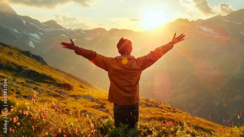 Man Embracing Nature During Golden Hour at Mountain Peak Man Embracing Nature During Golden Hour at Mountain Peak