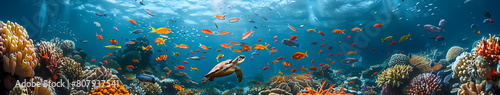 Tropical sea underwater fishes on coral reef. Aquarium oceanarium wildlife colorful marine panorama landscape nature snorkel diving, coral reef and fishes photo