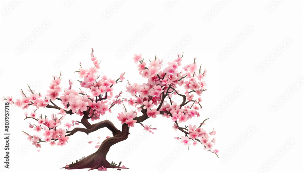 A tree sakura with pink blossoms is the main focus of the image. The tree is tall and has a slender trunk, with branches that spread out in various directions. The blossoms are pink.