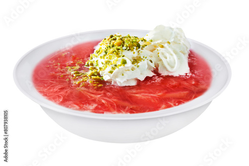 Rhubarb jelly soup with cream isolated on white background