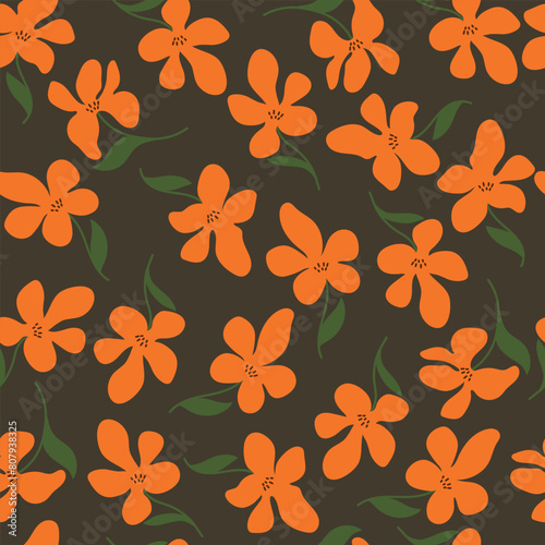 Floral pattern. Seamless pattern with orange flowers  on dark brown  background  vector.  