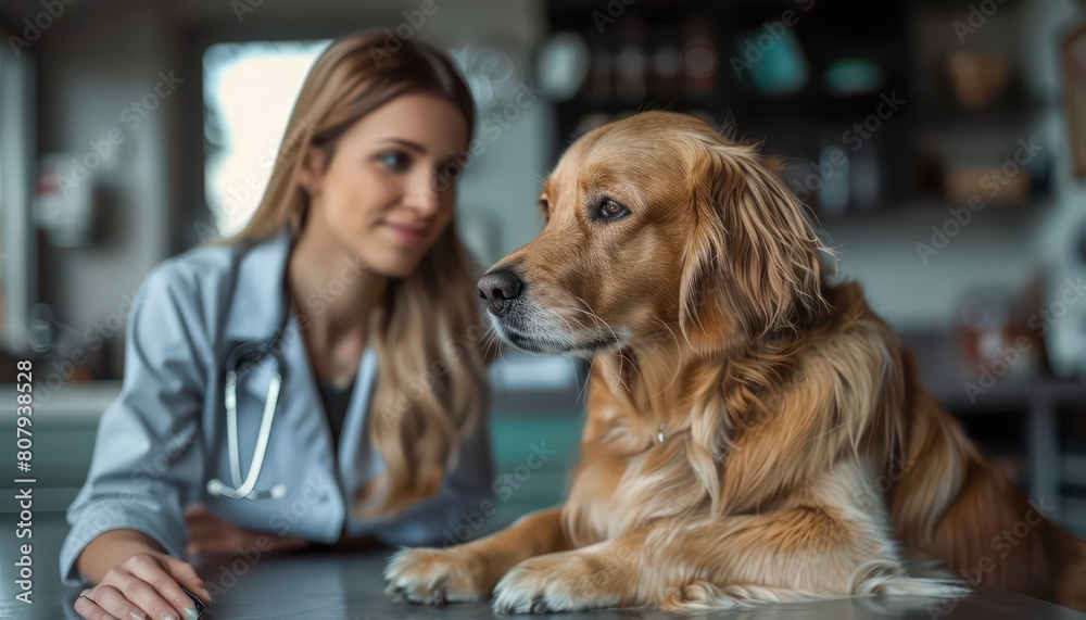 veterinary examination room, dog sits on examination table, veterinary doctor examining the dog veterinary examination room, dog sits on examination table, veterinary doctor examining the dog
