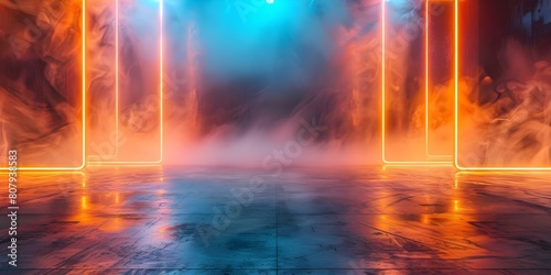 Empty dark stage with blue background neon lights concrete floor and smoke. Concept Stage Design  Blue Background  Neon Lights  Concrete Floor  Smoke Effects