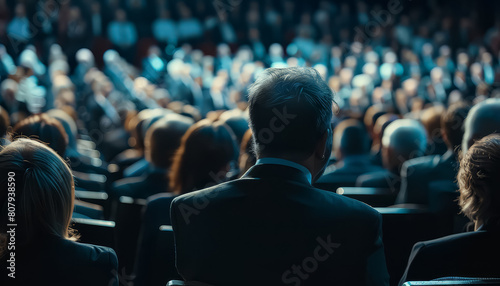 A man in a suit is sitting in a crowded theater