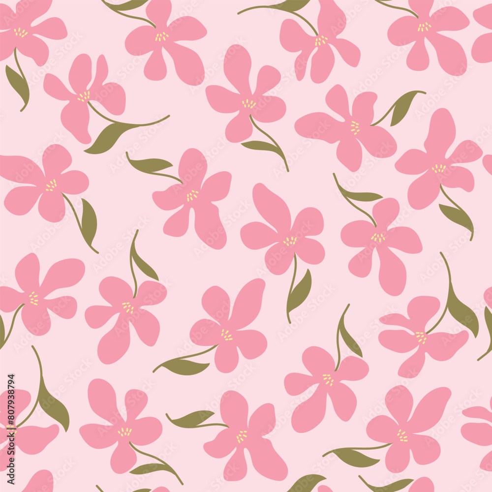  Floral pattern with cute pink flower. Seamless pattern with purple flowers, vector.	
