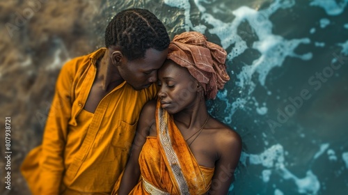 Portrait of loving afro american couple embracing in water.