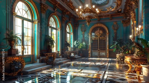 A large, empty room with a mirror on the wall. The room is decorated in a very old style, with a lot of gold accents