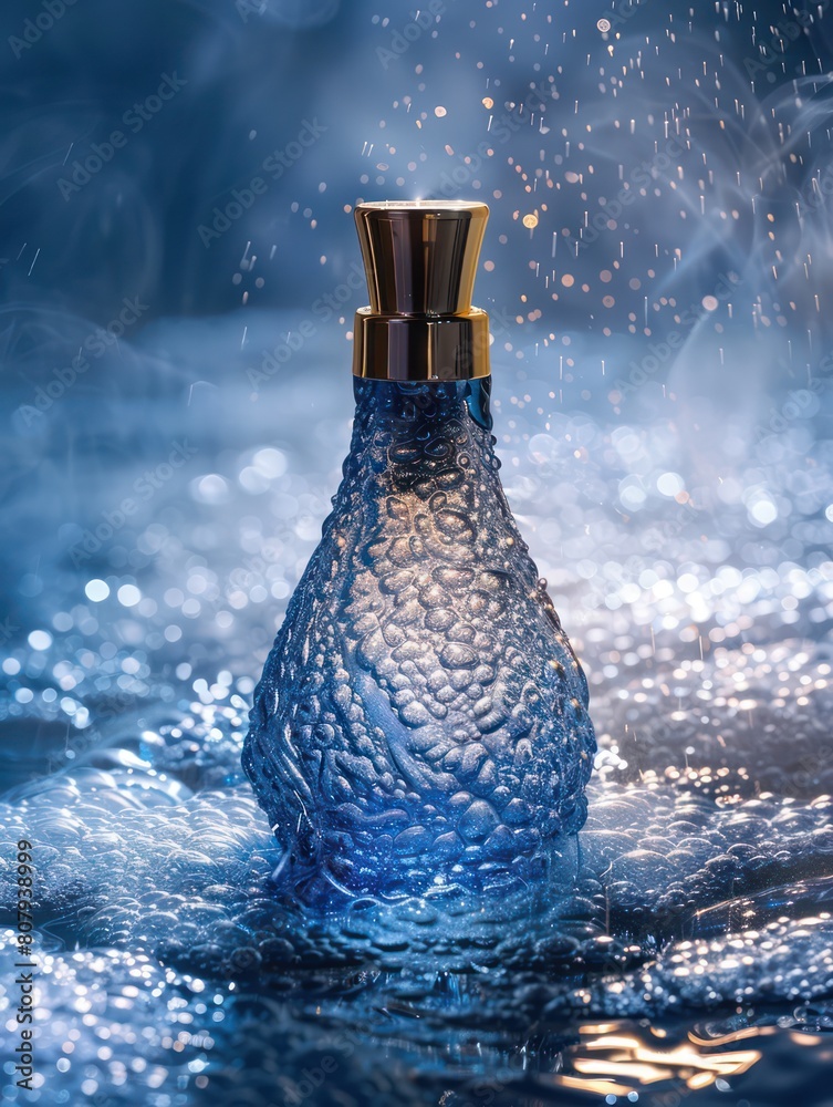 luxury perfume blue bottle spray, futuristic glamour, dynamic movement and energy, glimmering transformation luxury perfume blue bottle spray, futuristic glamour, dynamic movement and energy, glimmering transformation