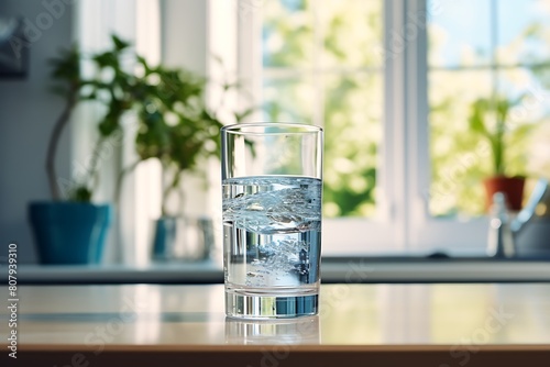 water glass on wooden table in cafe, closeup