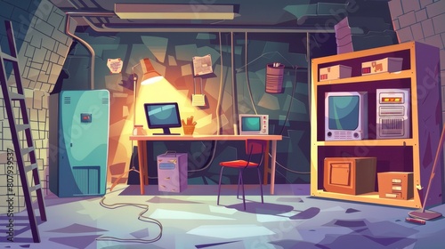 The interior of a bunker with furniture and equipment. Modern cartoon illustration of a basement room with desk and chair, computer and radio, box on shelf, emergency lamp light, empty food can, and