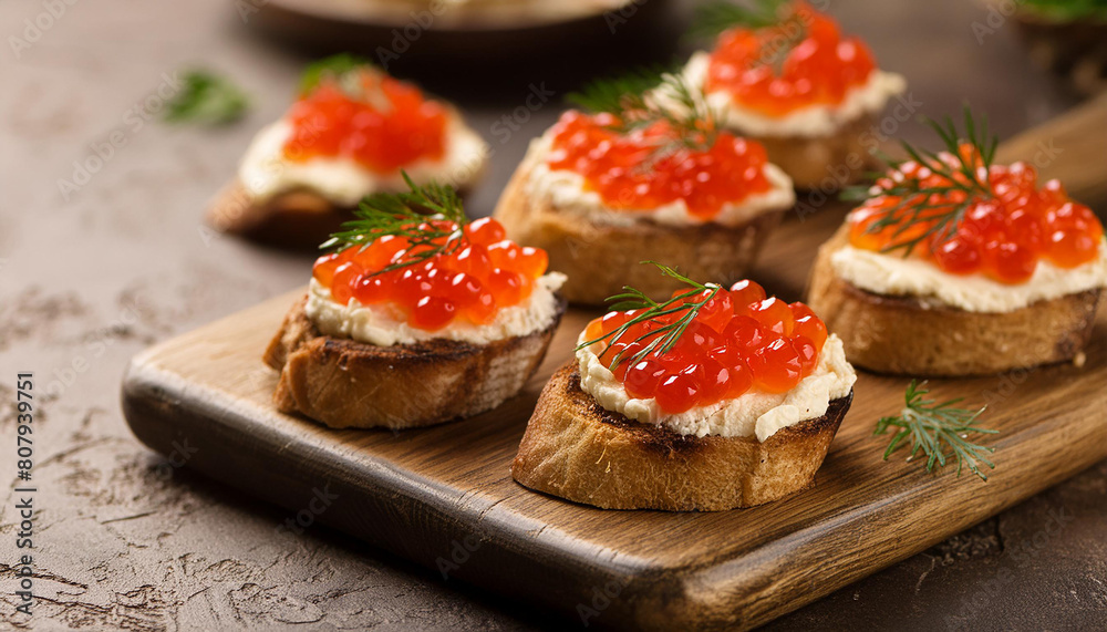 Bruschetta with cream cheese and red caviar on wooden board. Delicious snack. Tasty delicacy.