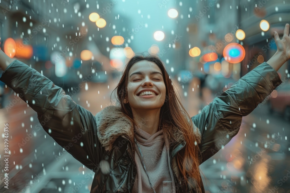 Happy woman raised her hands up celebrating success, enjoys the rain outdoor Happy woman raised her hands up celebrating success, enjoys the rain outdoor