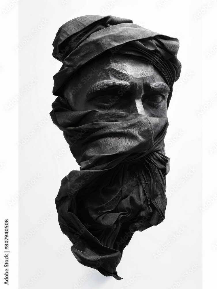 A man's face sculpted and covered with black fabric. This artwork portrays a face using cloth, set against a white background.