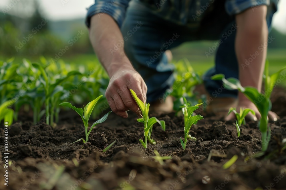 Farmer agronomist standing in green field, holding corn leaf in hands and analyzing maize crop. Agriculture, organic gardening, planting or ecology concept. High quality photo Farmer agronomist standing in green field, holding corn leaf in hands and analyzing maize crop. Agriculture, organic gardening, planting or ecology concept. High quality photo