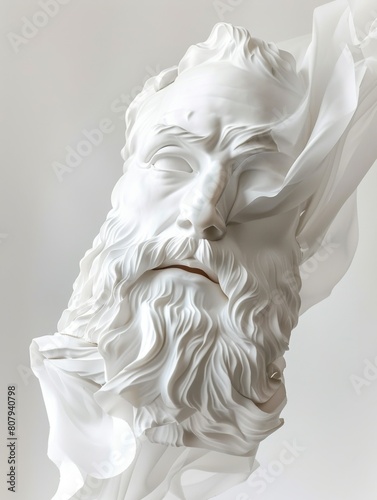 A man s face sculpted and covered with fabric. This artwork portrays a face using cloth  set against a white background.