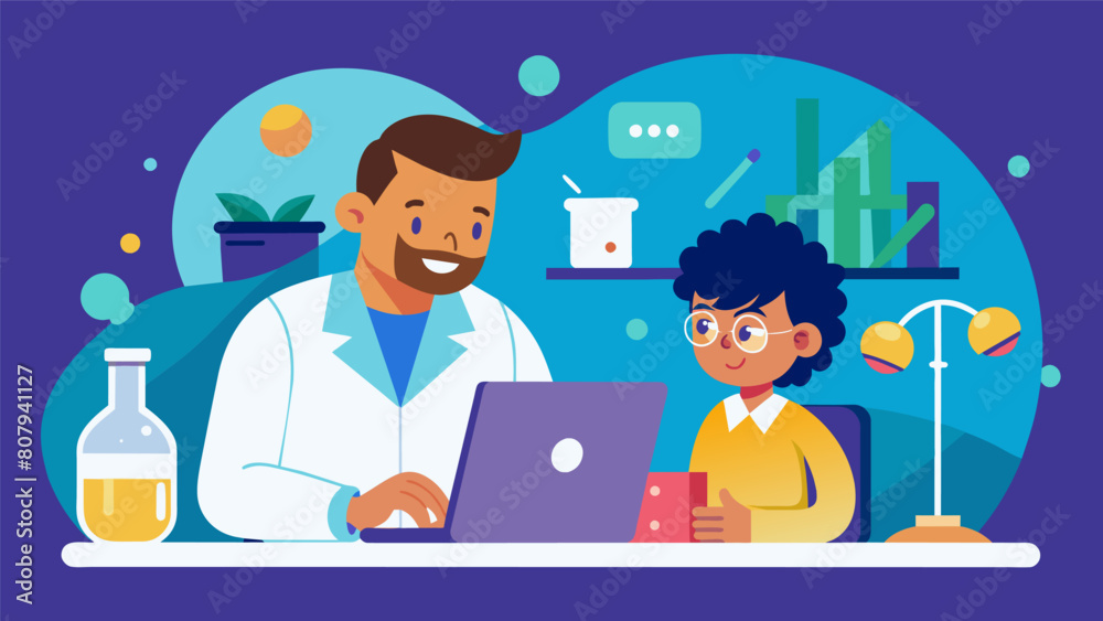 A mentor and mentee collaborating on a science project with the mentor providing guidance and resources for the mentee to explore their interest in. Vector illustration A mentor and mentee collaborating on a science project with the mentor providing guidance and resources for the mentee to explore their interest in. Vector illustration