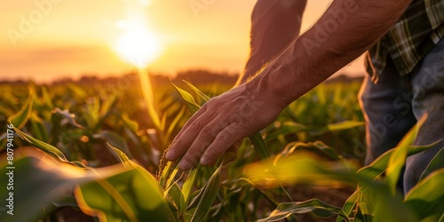Farmer agronomist standing in green field, holding corn leaf in hands and analyzing maize crop. Agriculture, organic gardening, planting or ecology concept. High quality photo