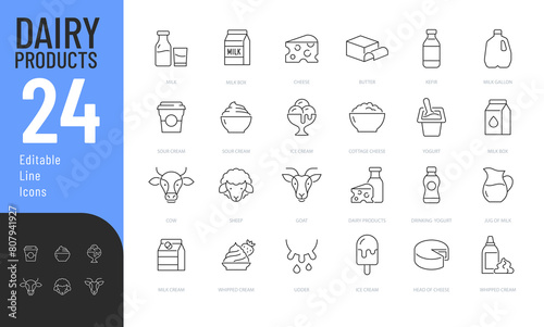 Dairy Product Editable Icons set. Vector illustration in modern thin line style of food related icons: milk, butter, cheese, and more. Pictograms and infographics for mobile apps. 
