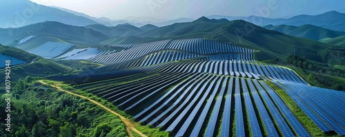 Aerial shot of a vast solar farm curving over a hilly landscape photo