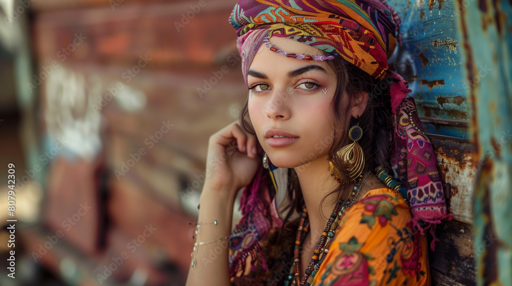 portrait of a young woman in gypsy style outfil with colorful head scarf